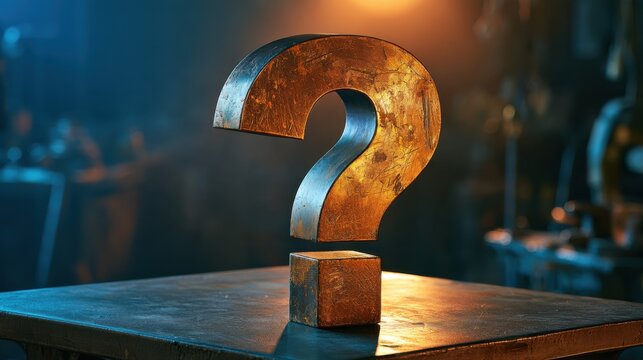 Close-up of a metal question mark on a workshop table, symbolizing uncertainty and problem-solving in an industrial setting.