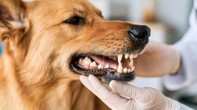 Veterinarian examines a dog's teeth with gloved hands, highlighting canine dental care in a clinical setting.
