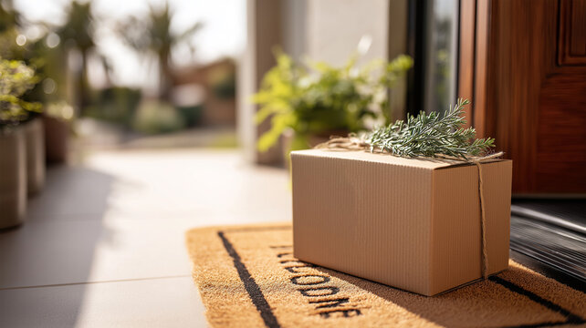 Blank cardboard delivery parcel tied with twine string on home doorstep mat in natural daylight