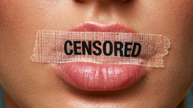 Close-up of lips covered by a "CENSORED" tape, symbolizing censorship, freedom of speech, and mental health awareness.
