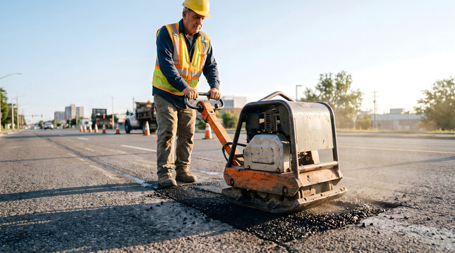 Road worker compacting an asphalt patch with a plate compactor