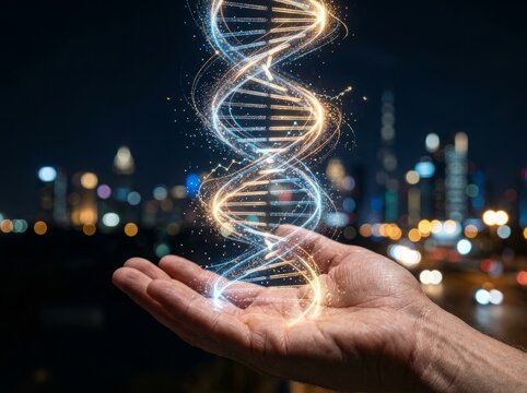 DNA strand hologram floating above human hand. Glowing genetic code structure against blurred city lights background. Future biotechnology and medical research concept.