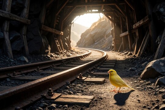 Small yellow canary stands on ground near old railway tracks. Sunlight shines through dark tunnel entrance of abandoned mine. Bird sits in shadows near industrial metal rails, rocky terrain. Lone