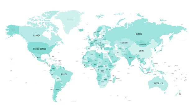 Map of World. Administrative political map with country borders in high detail. Corporate blue scheme on white background. With labels of country names.