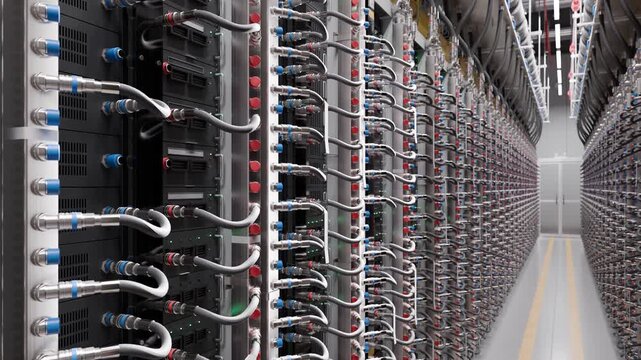 AI data center liquid cooling, rear of server racks with manifolds, 3D render
