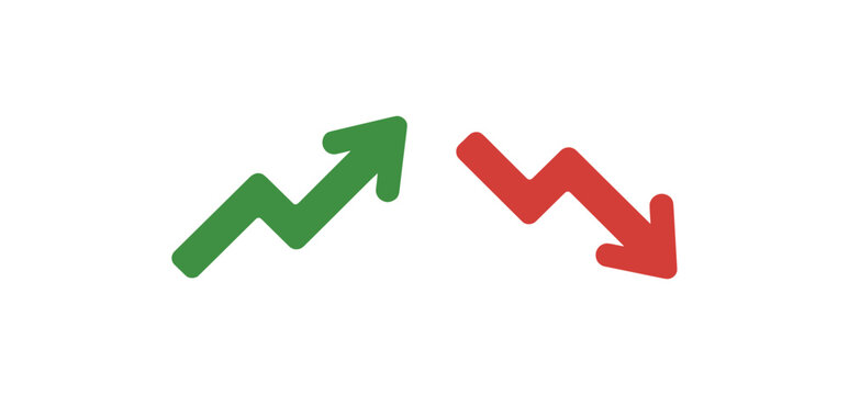 Market Volatility. A pair of hand-drawn arrows, one green pointing up and the other red pointing down, graphically represent market fluctuations and economic trends.