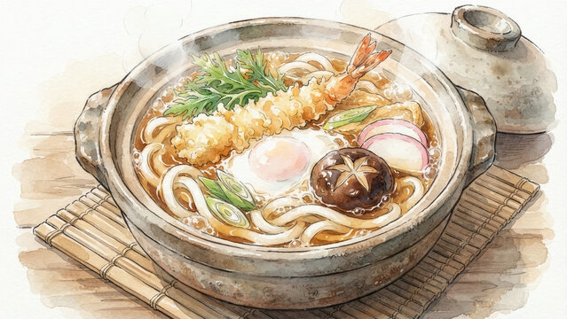 Watercolor painting illustration of a traditional Japanese nabeyaki udon in a clay pot with tempura shrimp, shiitake mushroom, kamaboko fish cake, egg, and vegetables.