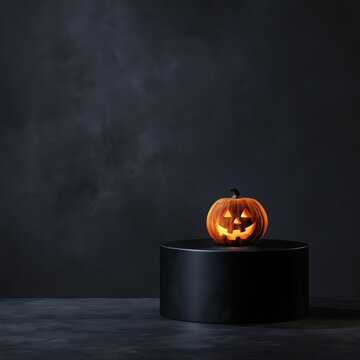 Glowing Halloween Jack O Lantern Pumpkin On Black Podium Product Display Mockup Stage With Dark Fog Background And Copy Space