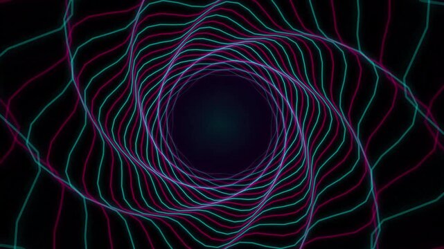 Abstract digital motion background featuring swirling neon blue and magenta lines creating a circular tunnel effect swirl vortex geometry light spiral