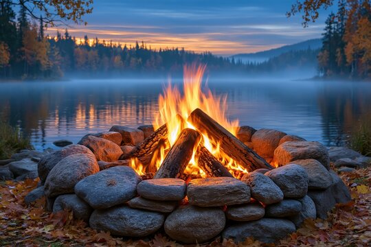 Stone Fire Pit With Burning Flames On Lake Shore In Autumn Sunset Concept Of Outdoor Camping Bonfire Cozy Relaxation And Fall Wilderness Adventure