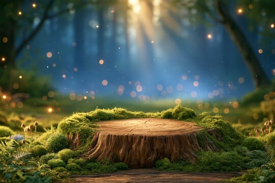 Wooden Tree Stump Podium Covered In Green Moss In Enchanted Forest With Sunbeams And Glowing Bokeh Concept For Organic Cosmetic Display Natural Product Showcase And Eco Banner