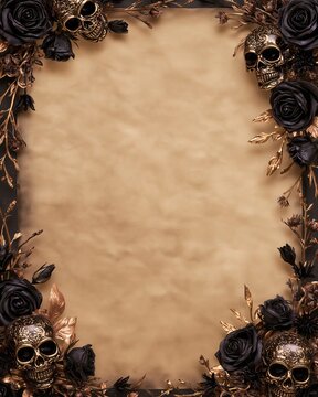 Gothic Frame Background With Golden Skulls Black Roses And Vintage Parchment Copy Space For Halloween Day Of The Dead Party Invitation Book Cover