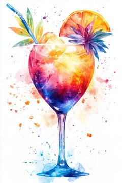 Vibrant Watercolor Tropical Cocktail Glass Illustration With Orange Slice Ice Cubes Straw And Paint Splatters Isolated On White Background For Bar Menu Summer Party