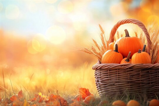 Woven Wicker Basket Filled With Small Pumpkins And Wheat Stalks On Autumn Leaves With Golden Bokeh Background Concept Of Thanksgiving Day Harvest Festival And Fall Sale Copy Space