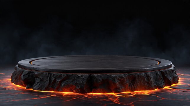 Polished Black Volcanic Rock Podium Circular Platform With Glowing Lava Magma Cracks Product Display Mockup Stage For Gaming Sports Supplement Showcase