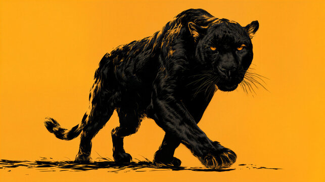 Black Panther Prowling Forward Isolated On Bright Yellow Background Concept Of Power Stealth Agility Wildlife Predator And Athletic Mascot