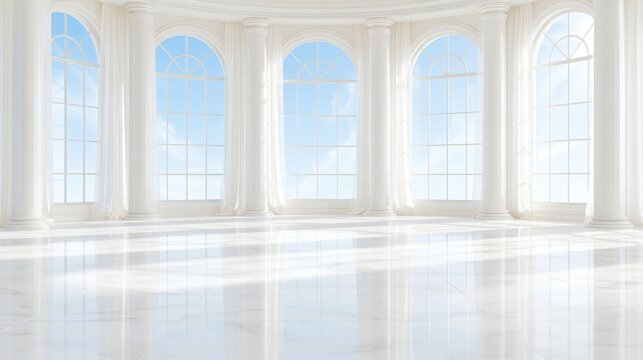 Grand Empty Bright White Luxury Interior With Tall Columns Arched Windows Marble Tile Floor Reflection Concept Of Palace Ballroom Wedding Venue Architecture Background Copy Space