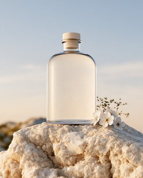 Clear Glass Cosmetic Bottle With Wooden Cork Stopper Mockup Resting On White Quartz Rock Mineral Stage With Small White Flowers Clean Beauty Organic Skincare Showcase