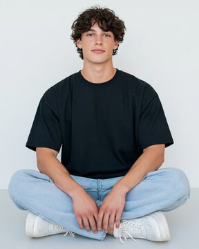 Young Man Sitting Cross-Legged On Studio Floor Wearing Blank Black T-Shirt Mockup Concept Of Gen Z Casual Fashion Remote Work And Youth Lifestyle