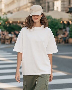 Young Woman In Plain White Oversized T-Shirt And Baseball Cap Walking On City Street Crosswalk Concept Of Apparel Mockup Streetwear Fashion And Urban Lifestyle