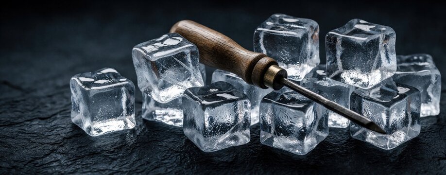 Macro shot of clear ice cubes on dark textured surface. Wooden ice pick lies among frozen blocks. Cold transparent crystals show detail, texture. Refreshing winter summer drink concept with sharp