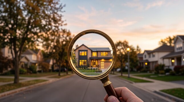 Magnifying Glass Focusing On Modern Suburban House At Sunset Concept Of Real Estate Search Property Inspection Home Valuation And Mortgage Market