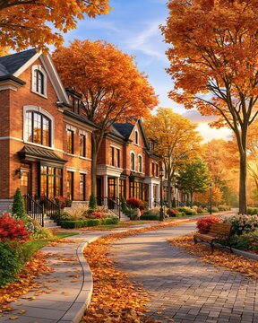 Quiet Residential Suburban Street With Modern Red Brick Townhouses Lined With Bright Autumn Trees Leaves On Cobblestone Walkway Concept Of Real Estate Investment And Neighborhood Living