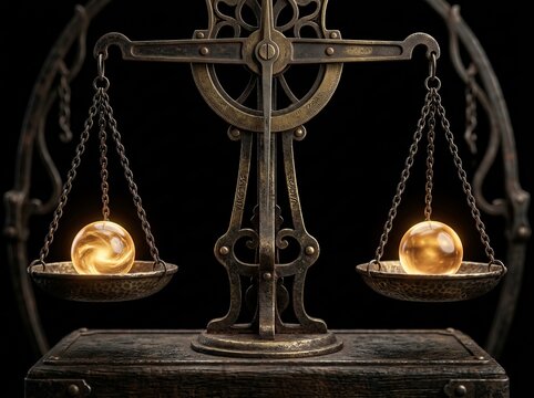 Scales of justice photo featuring glowing golden spheres in balance pans. Dark vintage legal imagery for court system, jurisprudence, and moral decision making.
