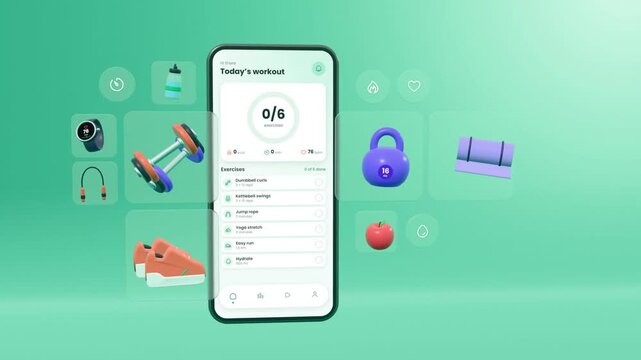 Fitness app workout tracker on smartphone completing 6 exercises with trophy and gym equipment icons