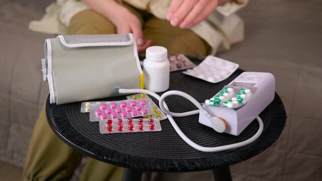 Woman choosing pills for blood pressure treatment at home. Woman choosing between different medications from blisters on a table next to an automatic blood pressure monitor. Hypertension management