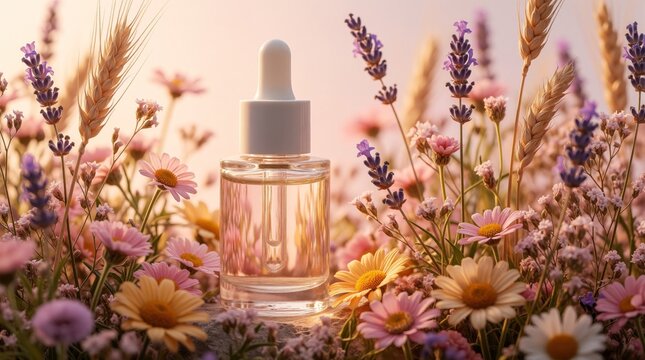 Small glass bottle product rests among colorful meadow flowers and wheat stalks. Natural beauty frames cosmetic item featuring botanical ingredients for skin care routine.