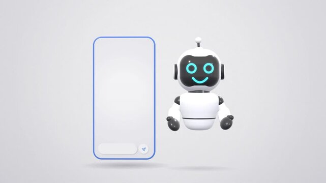 Friendly robot chatbot emerging from smartphone screen and waving hi beside chat message bubbles