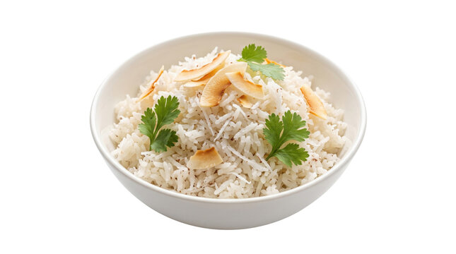 Coconut basmati rice in white bowl, tropical jasmine rice with toasted coconut flakes and cilantro, healthy vegan side dish on white background