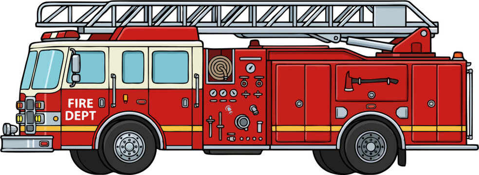 Detailed Red Fire Department Ladder Truck with Hose and Axe &mdash; Side View Flat Design Emergency Vehicle Cartoon Vector Illustration