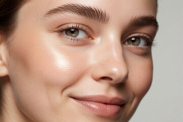 Fototapeta premium Close up of young woman with glowing hydrated skin, dewy cheek highlight. Natural makeup, thick eyebrows, soft smile. Beautiful facial texture shows healthy skin care routine with radiant complexion