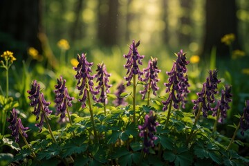 Fototapeta premium Purple corydalis flowers bloom in green forest. Wild spring blossoms grow on grass under sunlight. Small violet plants emerge from soil in woodland during warm season. Beautiful nature scenery with