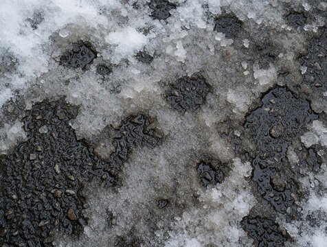 Close up of dirty melting snow, ice on dark asphalt road. Wet slush covers urban street surface during cold winter season. Rough texture of grey cement ground with icy patches, water puddles in city