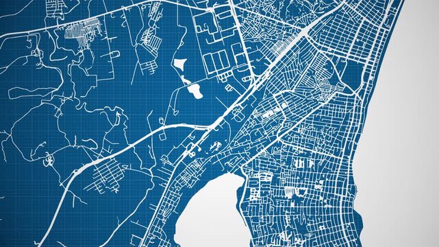 Ink reveal animation of Jaboat&atilde;o dos Guararapes city, Pernambuco, Brasil (Brazil) grid map. Aerial top view. Blueprint style. White lines with blue background. 4K Seamless loop.