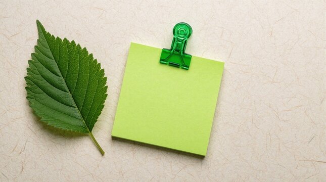 Green leaf, lime sticky note with translucent plastic clip on textured paper background. Organic stationery set for office school. Empty memo pad for writing message, reminder, eco friendly task list