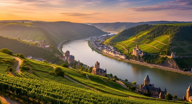 Vineyards and medieval castles along the Moselle River valley at sunset