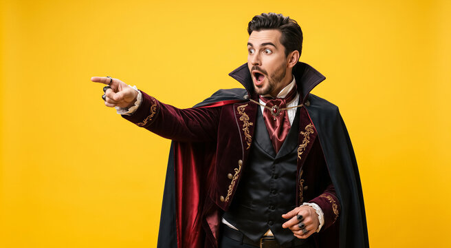 Man in vampire costume pointing finger with surprised expression, dark velvet cape and formal attire, yellow background. Halloween, cosplay, dramatic acting, entertainment.