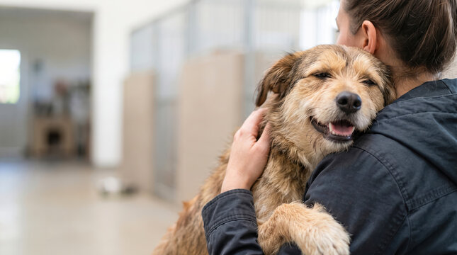 Person showing affection by holding a rescued dog close in a calm animal shelter environment while the happy animal rests its head on her shoulder