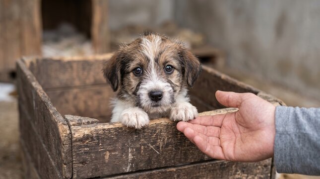 Little brown and white puppy stands in a weathered wooden crate and looks towards the camera as a human hand reaches out to touch its small paw in a
