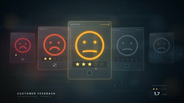 Negative customer feedback cards cycling sad and happy faces with low star ratings, seamless loop