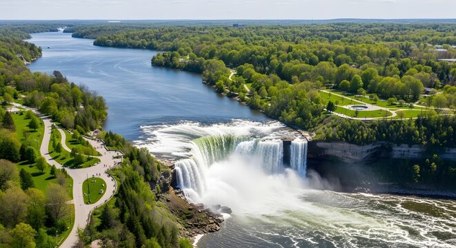 Niagara Falls waterfall cascading through lush green forest landscape with river and park area