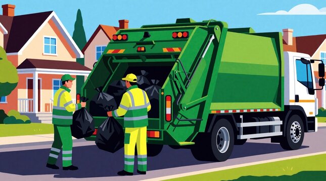 Sanitation workers load black trash bags into green garbage truck in suburban neighborhood. Two men in high vis uniform perform waste management job near residential houses. Pro crew collects rubbish