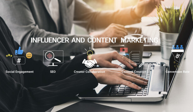 Professional hands typing on a laptop showcasing influencer and content marketing concepts with icons representing social engagement, SEO, and collaboration. Haptic.