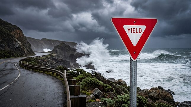 Yield sign on a wet coastal road during a powerful stormy ocean swell