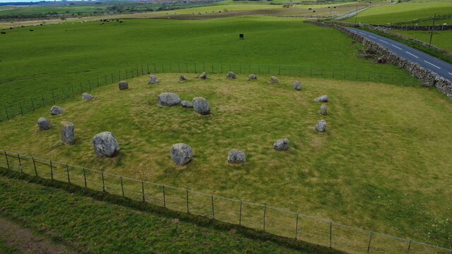 Aerial view of Torhouse Stone Circle, near Wigtown in Dumfries and Galloway, Scotland, UK