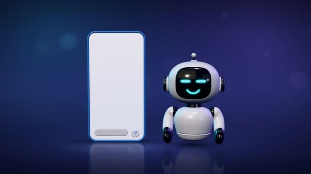 Cute 3D robot assistant pops out of a smartphone and waves hi next to chat bubbles on dark blue